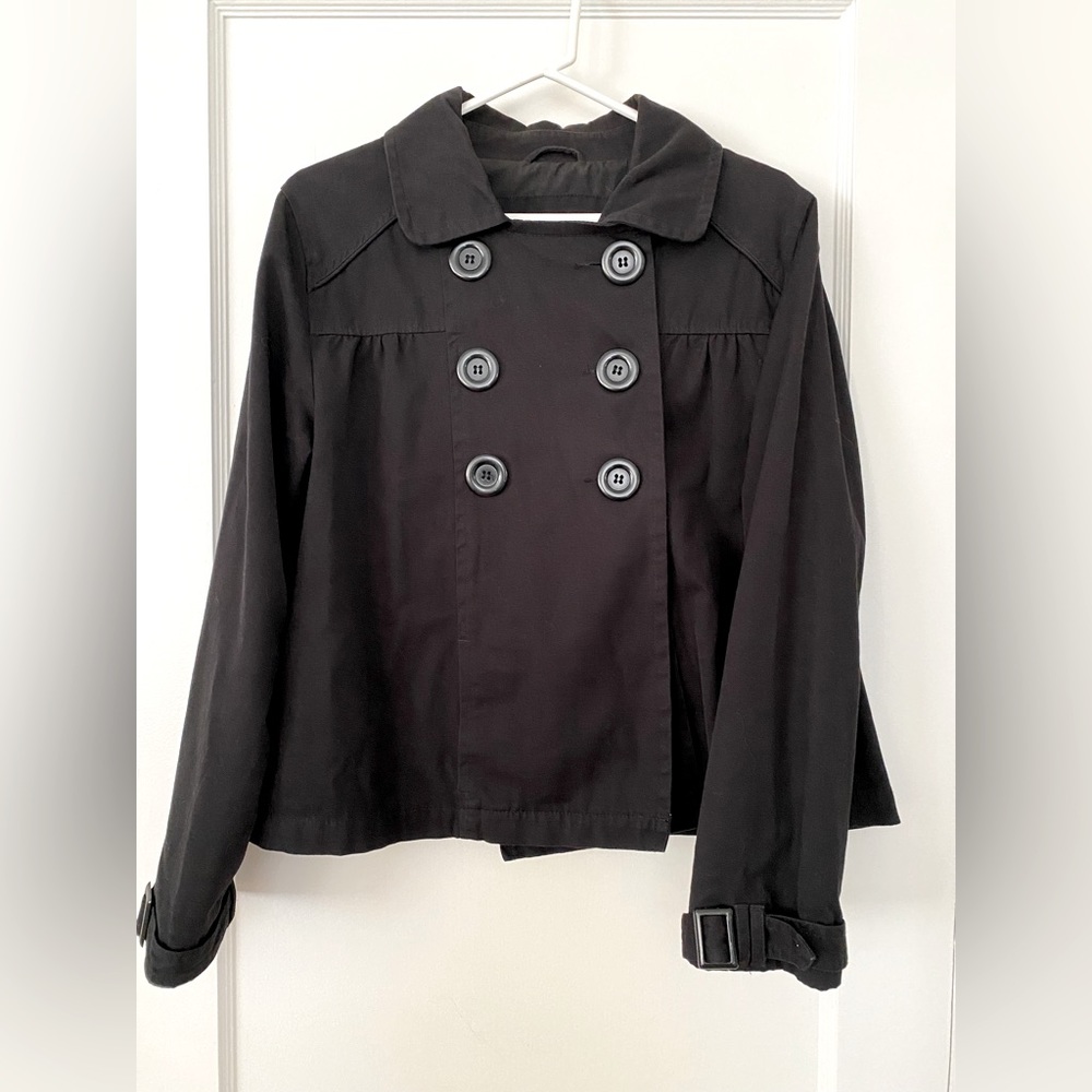 No Boundaries short black military button coat buckle sleeves EUC pea trench - Picture 1 of 8